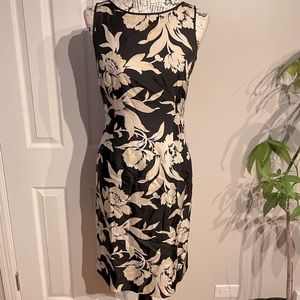 Vintage Silk Floral Print Bicolor Fit Bodice Pencil Work Office Beige Bicolor